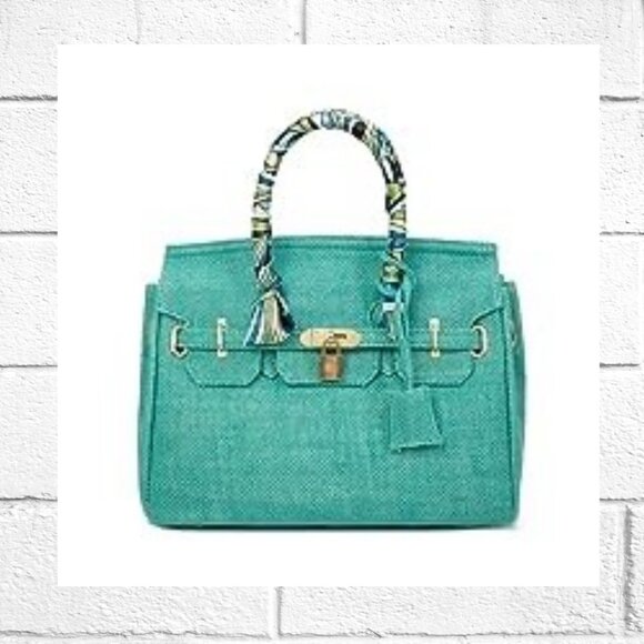 NWOT! Woven Jute Tote Handbag Purse with Scarf Handle and Lockable Front Straps - Picture 1 of 14